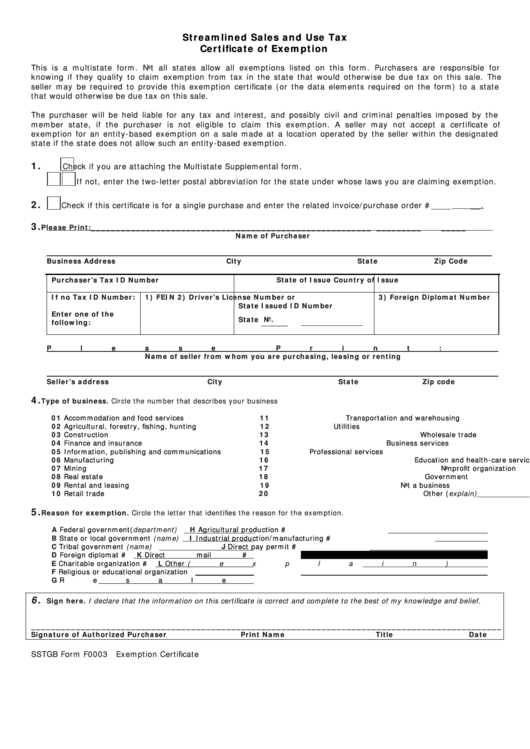 Sstgb Form F0003 - Streamlined Sales And Use Tax Certificate Of Exemption Printable pdf