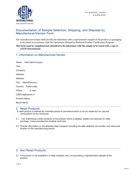 Fillable Documentation Of Sample Selection, Shipping, And Disposal By Manufacturer/vendor Form Printable pdf