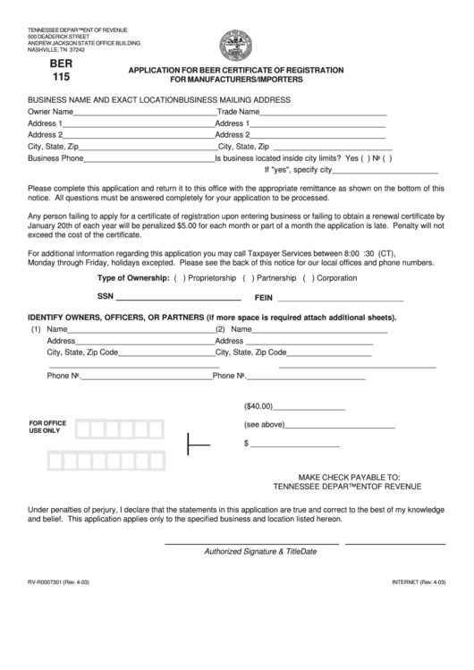Fillable Form Ber 115 - Application For Beer Certificate Of Registration For Manufacturers/importers Printable pdf