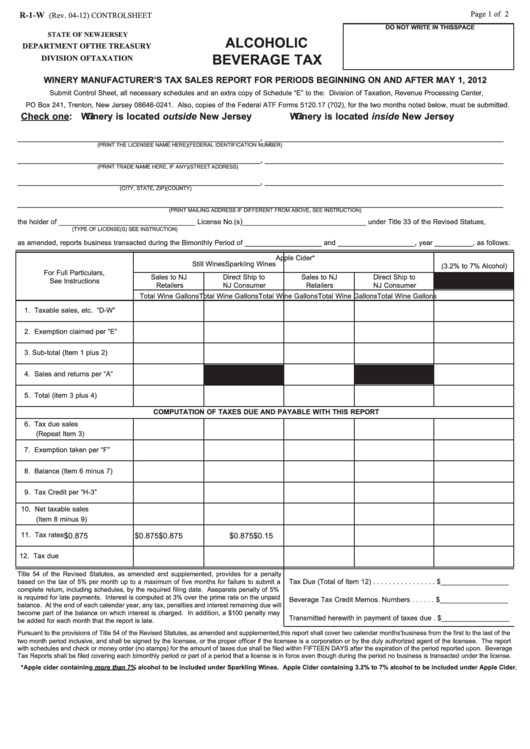 Fillable Form R-1-W - Alcoholic Beverage Tax Printable pdf