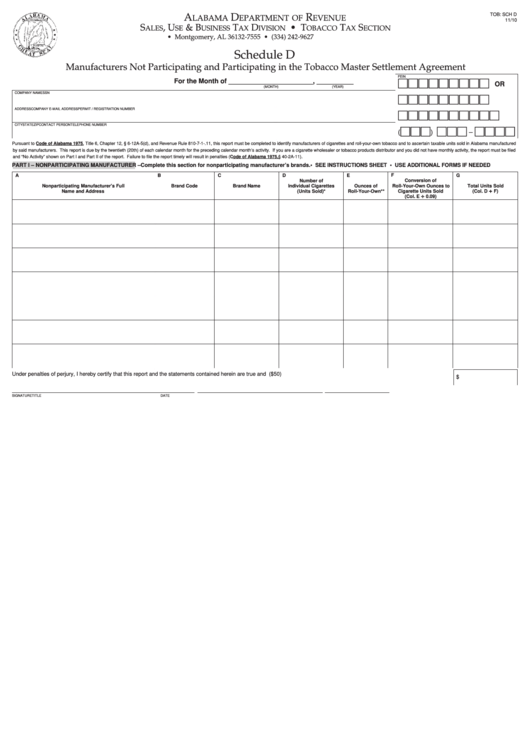 Fillable Schedule D - Manufacturers Not Participating And Participating In The Tobacco Master Settlement Agreement Printable pdf