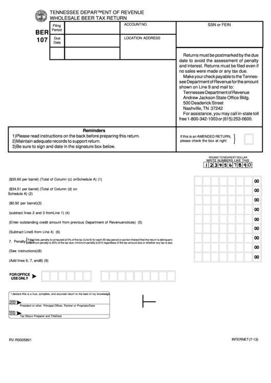 Fillable Form Ber 107 - Wholesale Beer Tax Return Printable pdf