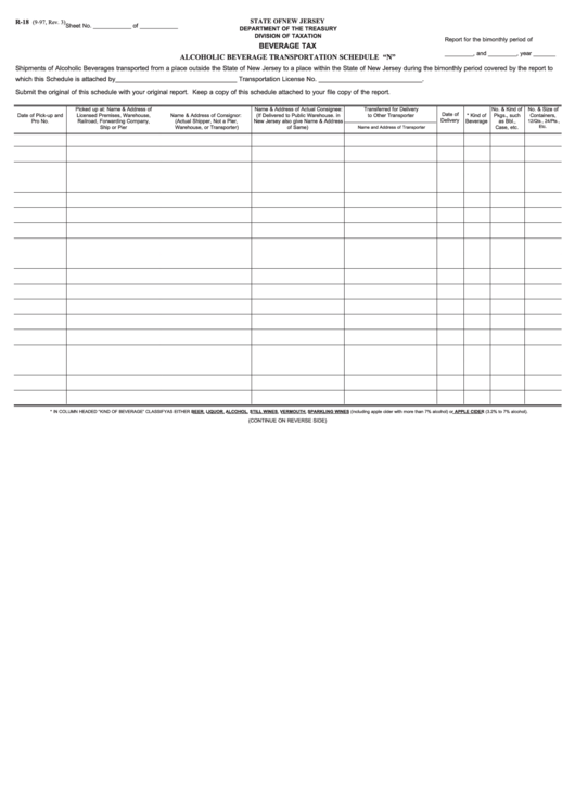 Fillable Schedule "N" (Form R-18) - Alcoholic Beverage Transportation Printable pdf