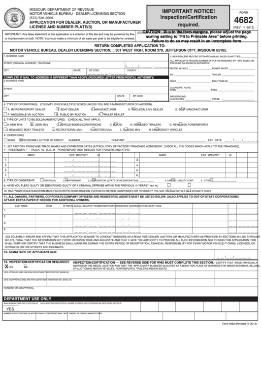 Fillable Form 4682 - Application For Dealer, Auction, Or Manufacturer License And Number Plate(S) Printable pdf