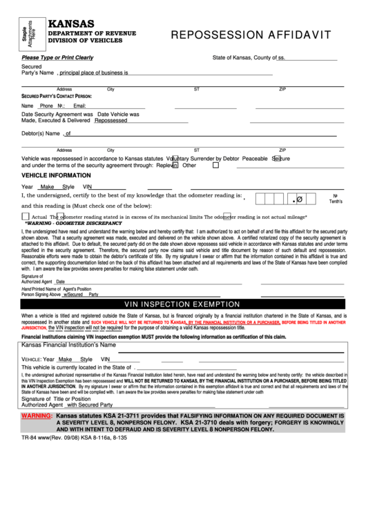 Fillable Form Tr-84 - Repossession Affidavit Printable pdf
