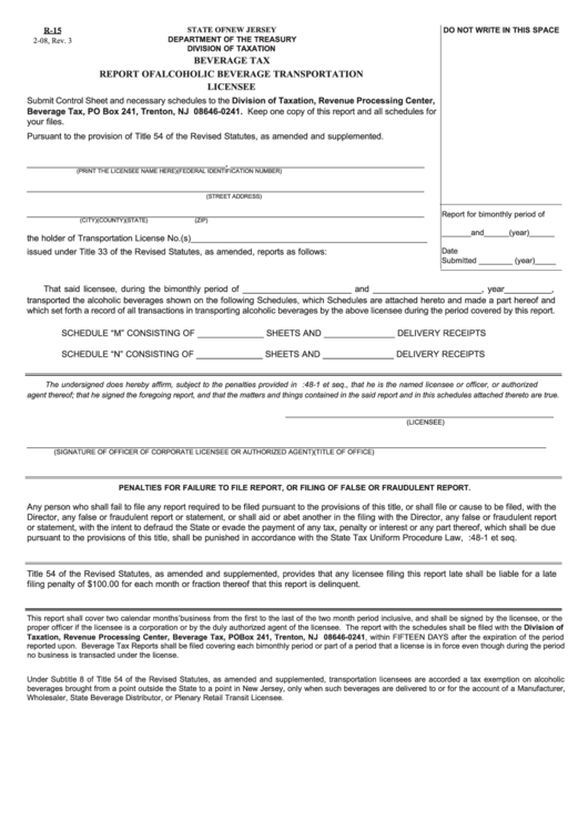 Fillable Form R-15 - Report Of Alcoholic Beverage Transportation Licensee Printable pdf