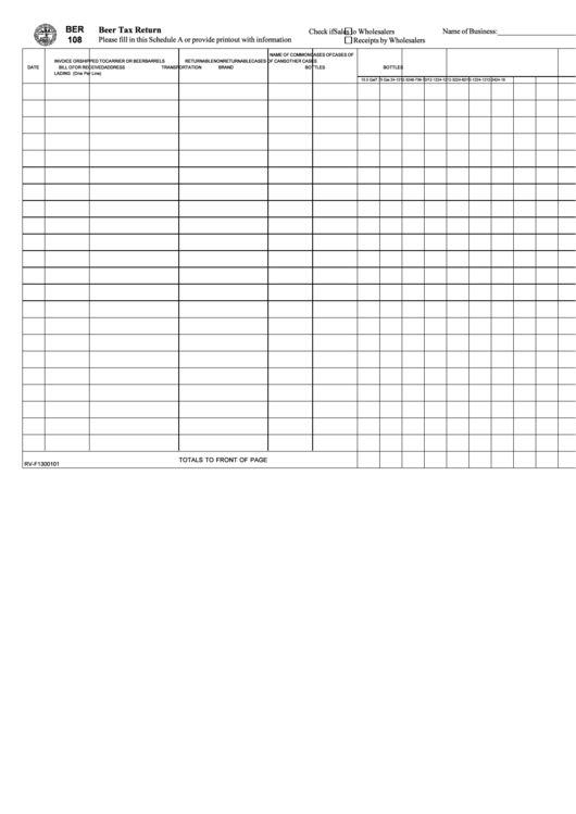 Fillable Schedule A (Form Ber 108) - Beer Tax Return Printable pdf