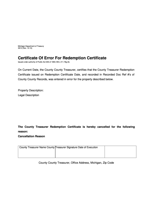 Form 3912 - Certificate Of Error For Redemption Certificate Printable pdf