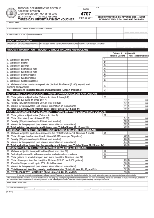 Fillable Form 4707 - Three-Day Import Payment Voucher Printable pdf