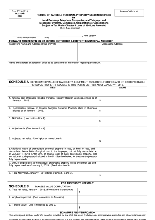 Fillable Form Pt-10 - Return Of Tangible Personal Property Used In Business - 2014 Printable pdf