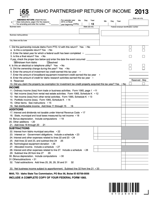 Fillable Form 65 - Idaho Partnership Return Of Income - 2013 Printable pdf