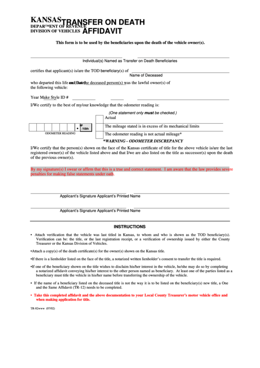 Fillable Form Tr-82 - Transfer Of Death Affidavit Printable pdf