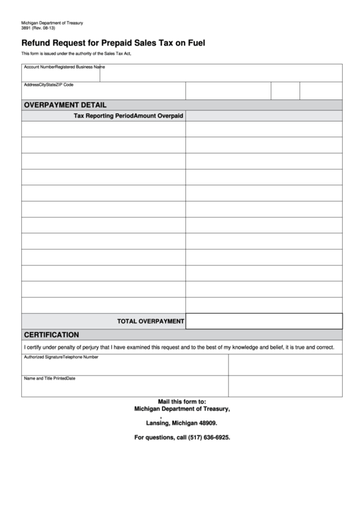 Fillable Form 3891 - Refund Request For Prepaid Sales Tax On Fuel Printable pdf