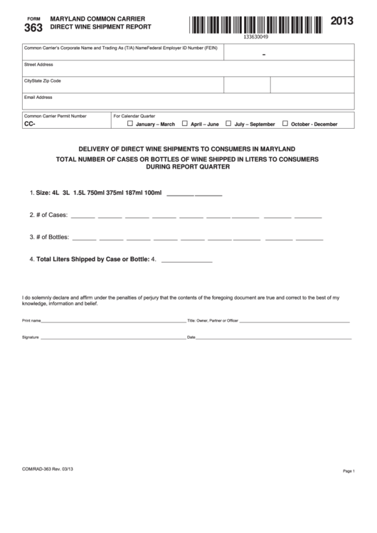 Fillable Form 363 - Maryland Common Carrier Direct Wine Shipment Report - 2013 Printable pdf