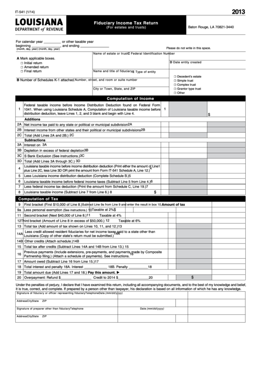 Fillable Form It-541 - Fiduciary Income Tax Return - 2013 Printable pdf