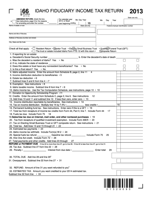 Fillable Form 66 - Idaho Fiduciary Income Tax Return - 2013 Printable pdf