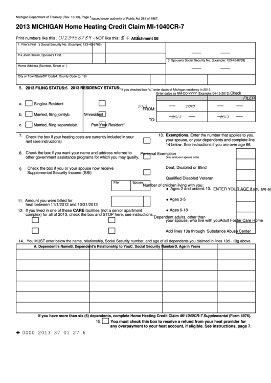 Fillable Form Mi-1040cr-7 - Michigan Home Heating Credit Claim - 2013 Printable pdf