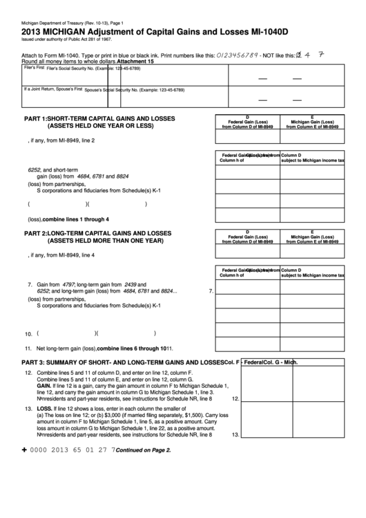 Fillable Form Mi-1040d - Michigan Adjustment Of Capital Gains And Losses - 2013 Printable pdf