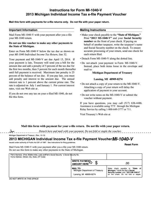 Fillable Form Mi-1040-V - Michigan Individual Income Tax E-File Payment Voucher - 2013 Printable pdf