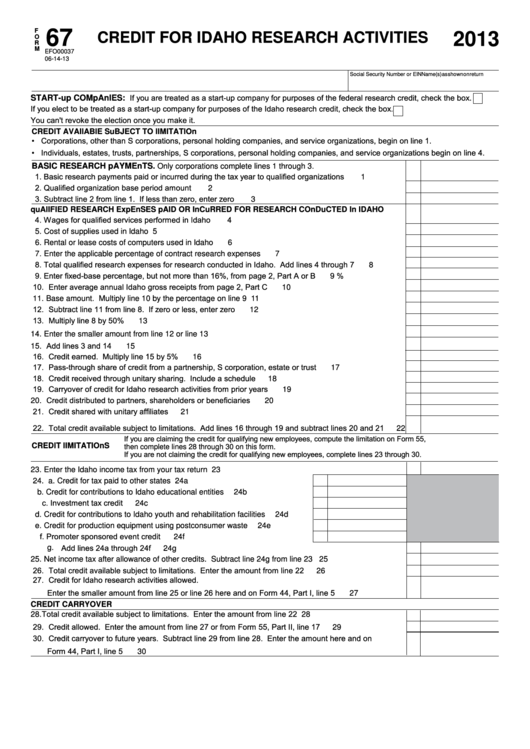 Fillable Form 67 - Credit For Idaho Research Activities - 2013 Printable pdf