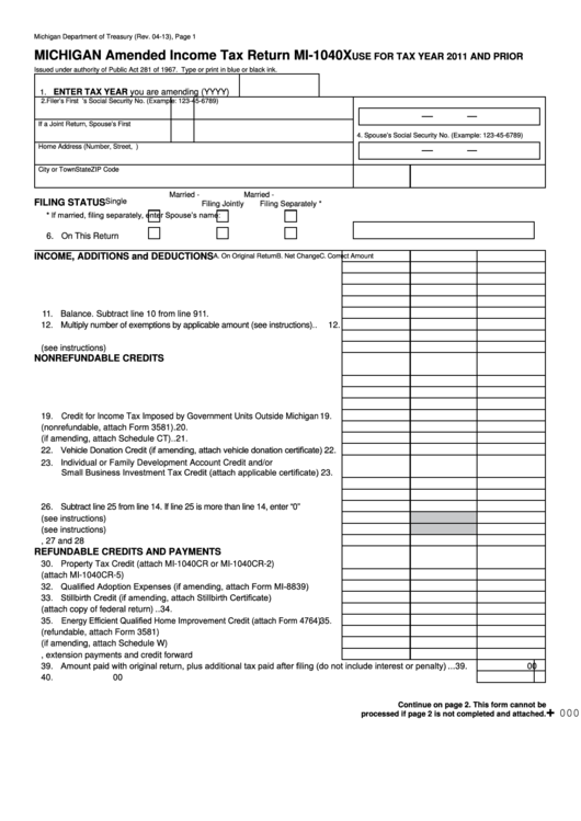 Fillable Form Mi-1040x - Michigan Amended Income Tax Return Printable pdf