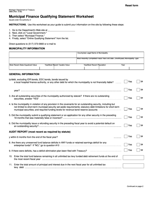 Fillable Form 3883 - Municipal Finance Qualifying Statement Worksheet Printable pdf