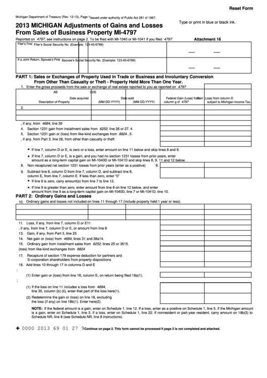Fillable Form Mi-4797 - Michigan Adjustments Of Gains And Losses From Sales Of Business Property - 2013 Printable pdf