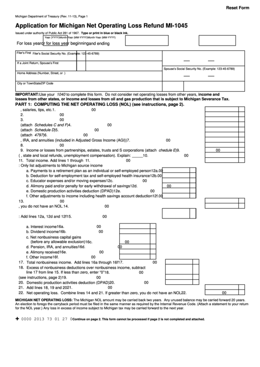 Fillable Form Mi-1045 - Application For Michigan Net Operating Loss Refund Printable pdf