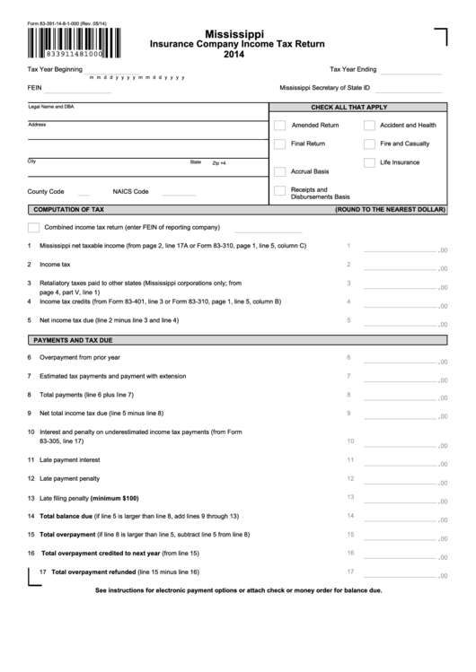 Fillable Form 83-391-14-8-1-000 - Mississippi Insurance Company Income Tax Return - 2014 Printable pdf