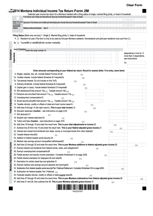 Fillable Form 2m - Montana Individual Income Tax Return - 2014 Printable pdf