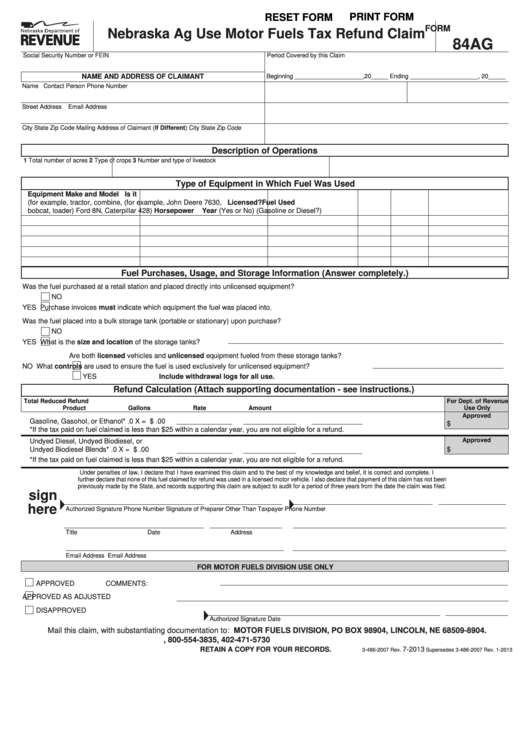 Fillable Form 84ag - Nebraska Ag Use Motor Fuels Tax Refund Claim Printable pdf