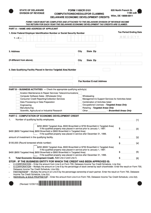 Form 1100cr 0101 - Computation Schedule For Claiming Delaware Economic Development Credits Printable pdf