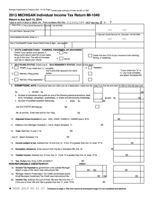 Fillable Form Mi-1040 - Michigan Individual Income Tax Return - 2013 Printable pdf