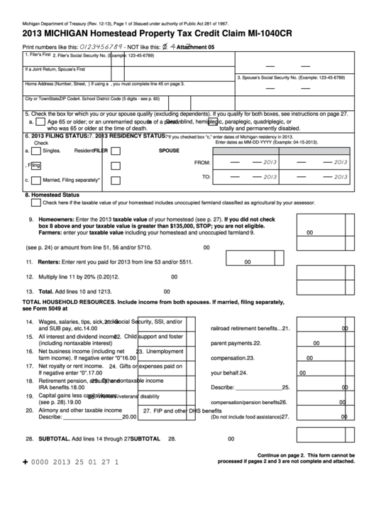 Fillable Form Mi-1040cr - Michigan Homestead Property Tax Credit Claim - 2013 Printable pdf