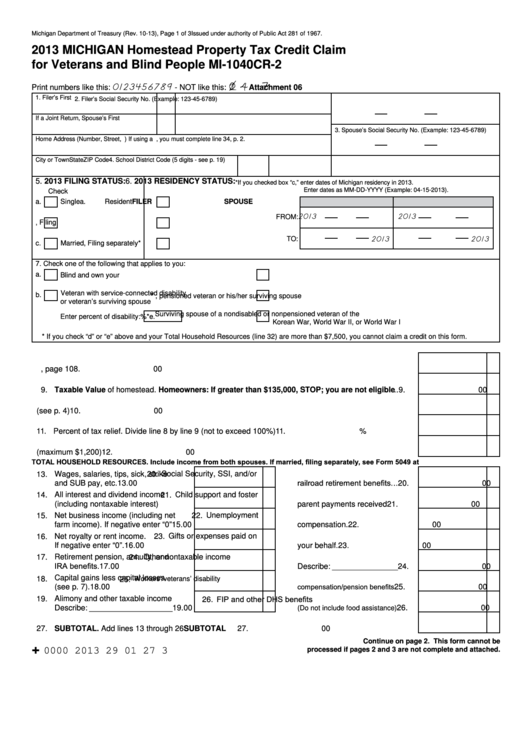 Fillable Form Mi-1040cr-2 - Michigan Homestead Property Tax Credit Claim For Veterans And Blind People - 2013 Printable pdf