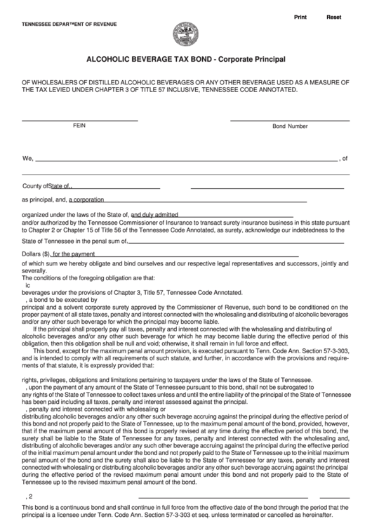 Fillable Form Rv-F1320701 - Alcoholic Beverage Tax Bond - Corporate Principal Printable pdf