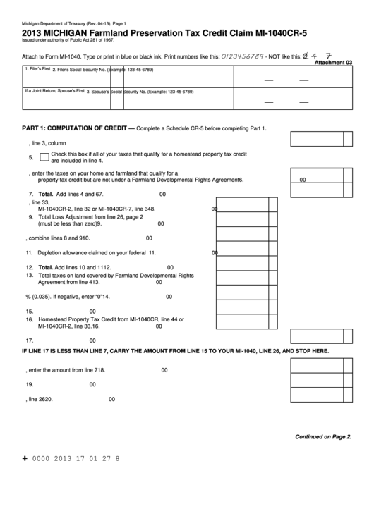 Fillable Form Mi-1040cr-5 - Michigan Farmland Preservation Tax Credit Claim - 2013 Printable pdf