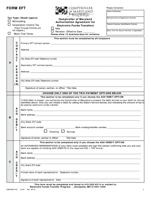 Fillable Form Eft - Authorization Agreement For Electronic Funds Transfers Printable pdf