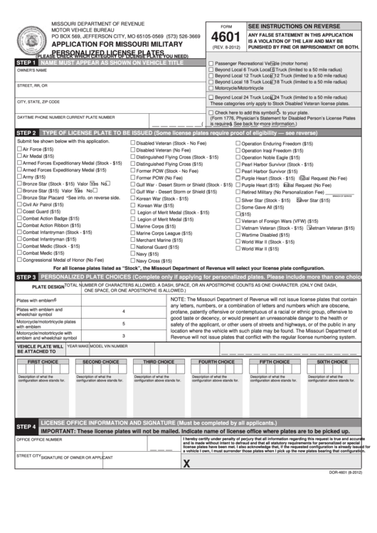 Fillable Form 4601 - Application For Missouri Military Personalized License Plates Printable pdf