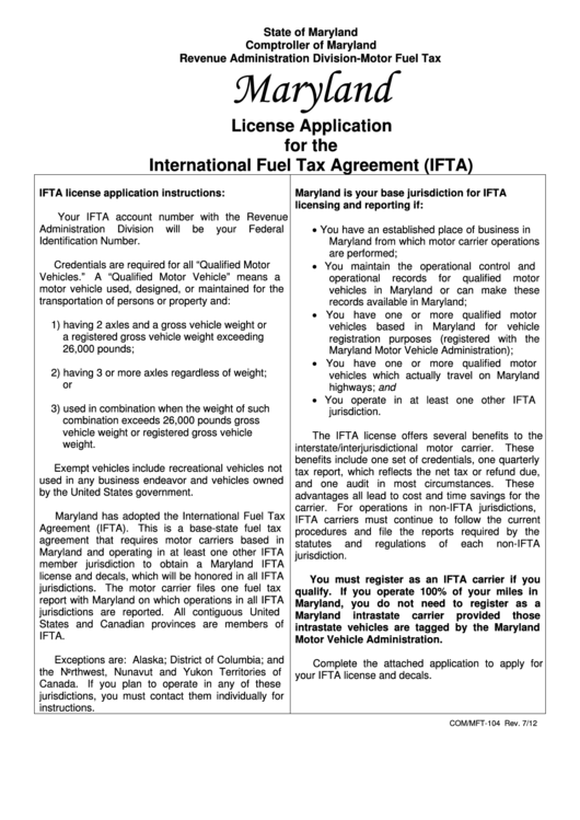 Fillable Form Com/mft-104 - License Application For The International Fuel Tax Agreement (Ifta) Printable pdf