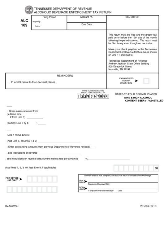Fillable Form Alc 109 - Alcoholic Beverage Enforcement Tax Return Printable pdf