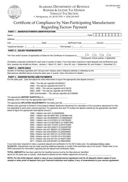 Fillable Certificate Of Compliance By Non-Participating Manufacturer Regarding Escrow Payment - Alabama Department Of Revenue Printable pdf