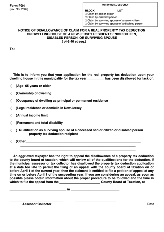 Fillable Form Pd4 - Notice Of Disallowance Of Claim For A Real Property Tax Deduction On Dwelling House Of A New Jersey Resident Senior Citizen, Disabled Person, Or Surviving Spouse Printable pdf