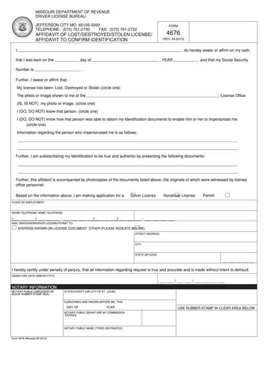 Fillable Form 4676 - Affidavit Of Lost/destroyed/stolen License/ Affidavit To Confirm Identification Printable pdf
