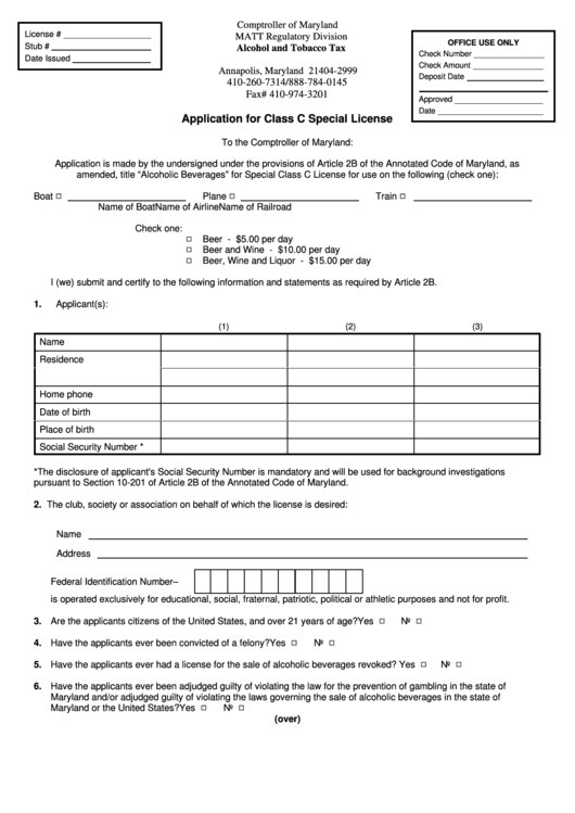 Fillable Form Com/att-009-1 - Application For Class C Special License - Comptroller Of Maryland Printable pdf