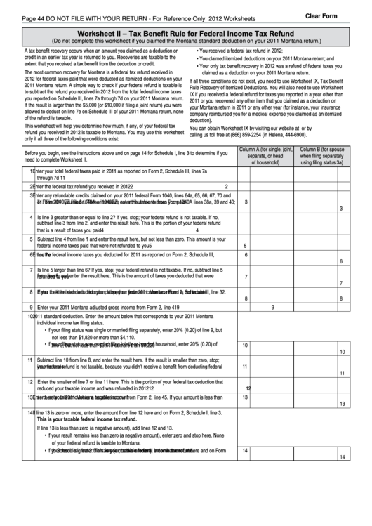 Fillable Worksheet Ii - Tax Benefit Rule For Federal Income Tax Refund Printable pdf