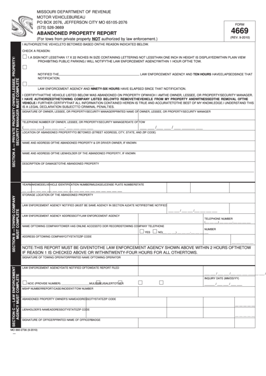 Fillable Form 4669 - Abandoned Property Report Printable pdf