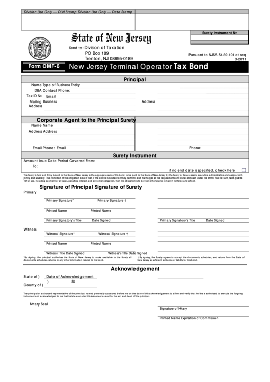 Fillable Form Omf-6 - New Jersey Terminal Operator Tax Bond Printable pdf