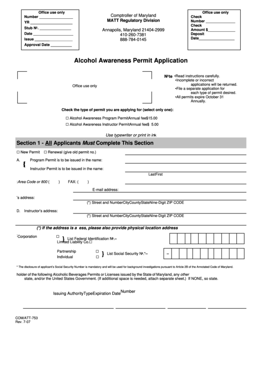 Fillable Form Com/att-753 - Alcohol Awareness Permit Application - Comptroller Of Maryland Printable pdf