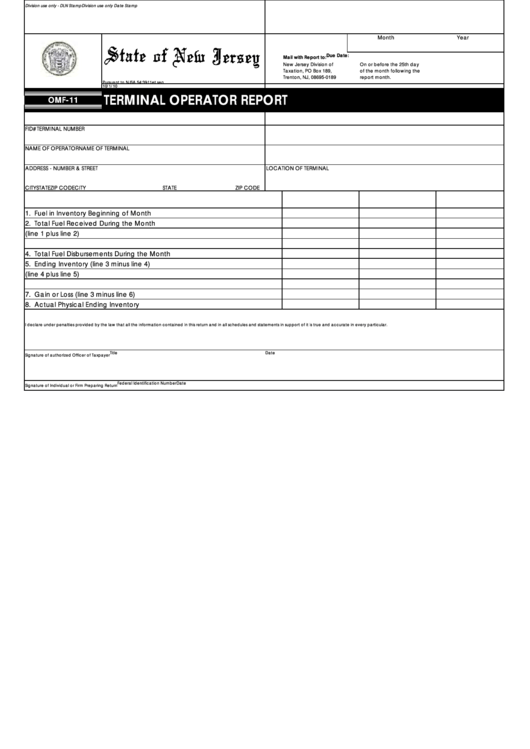 Fillable Form Omf-11 - Terminal Operator Report Printable pdf